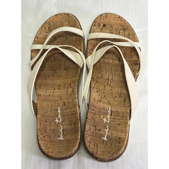 Me Too Beige Faux Leather Criss Cross Strap Cork Bottom Flats Slides Size 7.5 - Picture 4 of 8